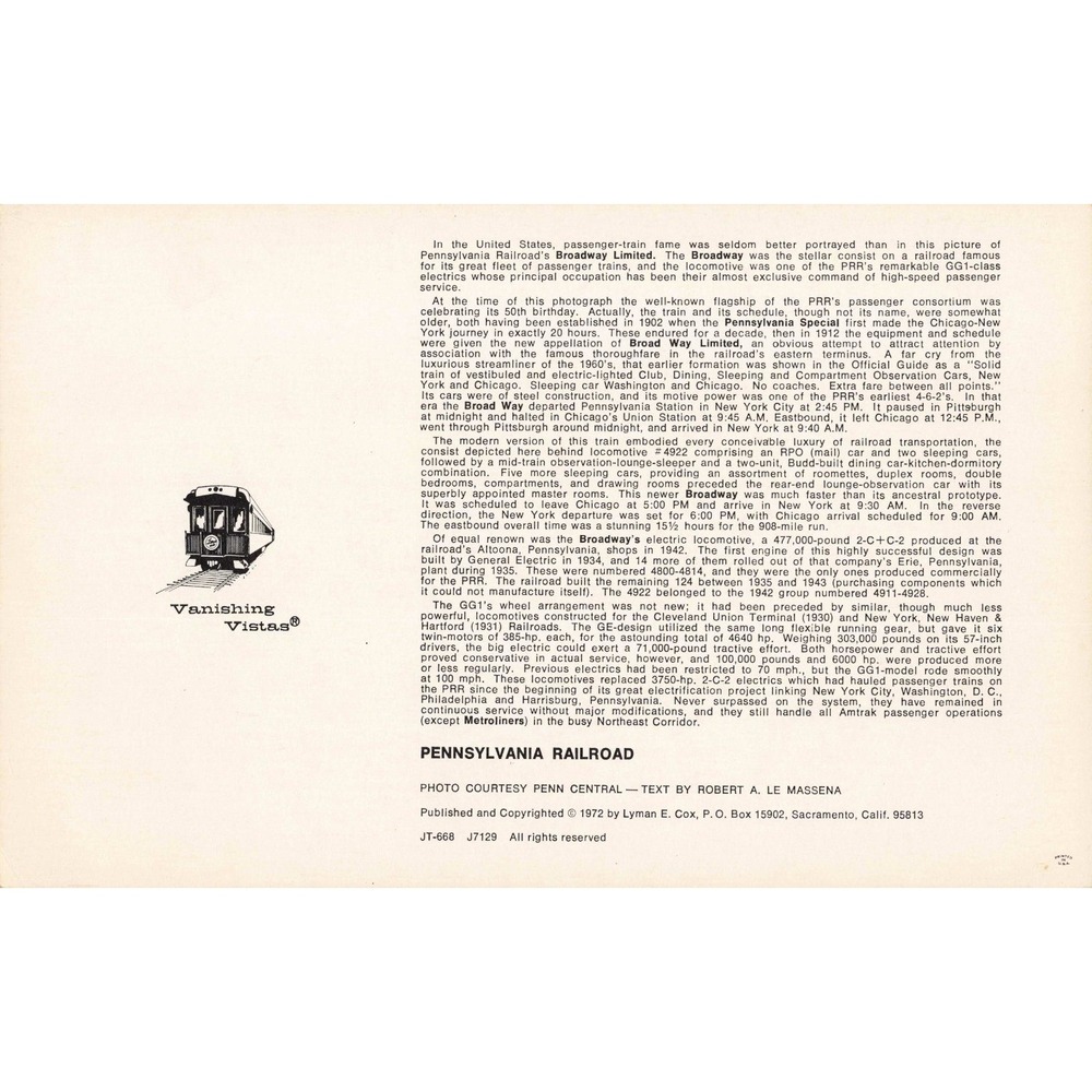 PRR Pennsylvania Railroad GG1 #4922 Broadway Limited Electric Locomotive Card - Picture 2 of 2